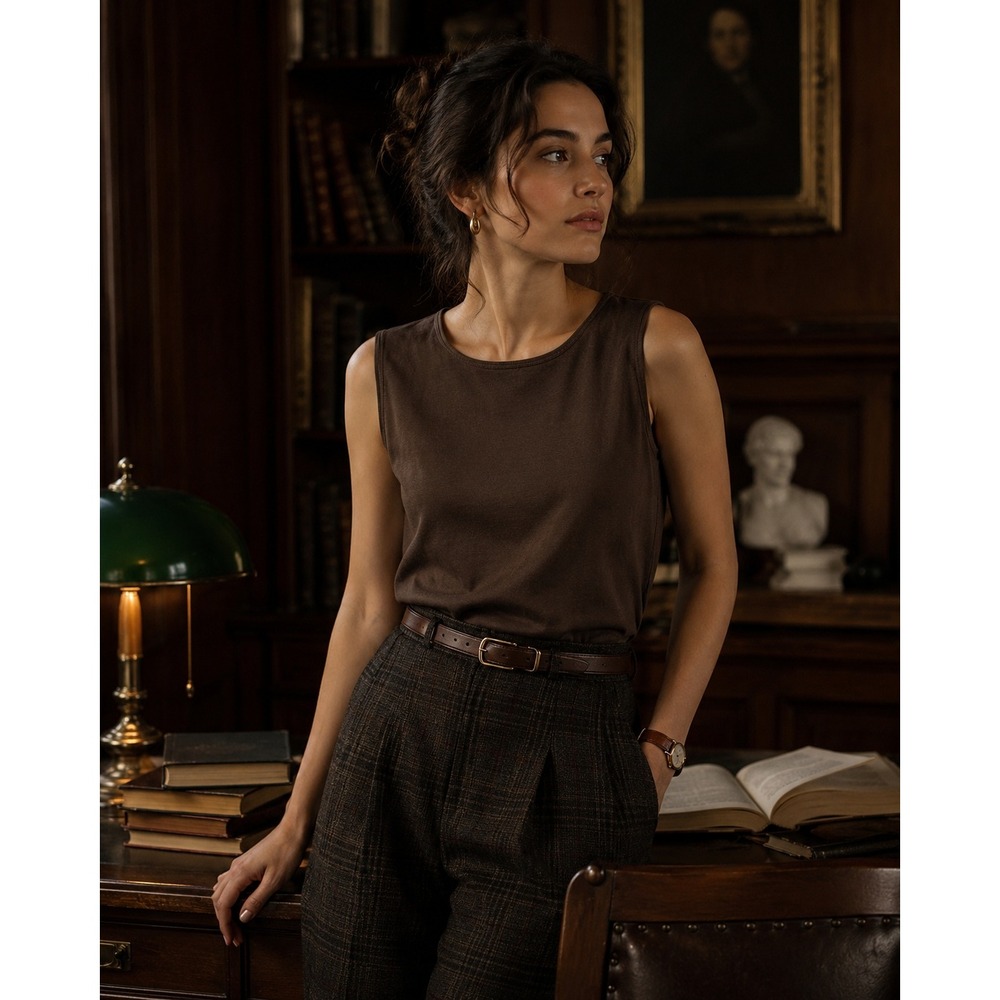 Kim Rogers Petite Large Brown Tank Top Minimalist Dark Academia Cotton Espresso